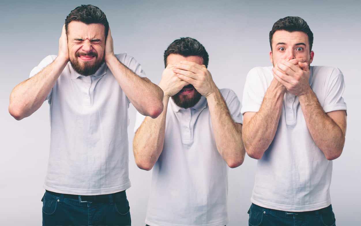 Isolated Studio Shot of a Caucasian Woman in the See No Evil, Hear No Evil, Speak No Evil Poses